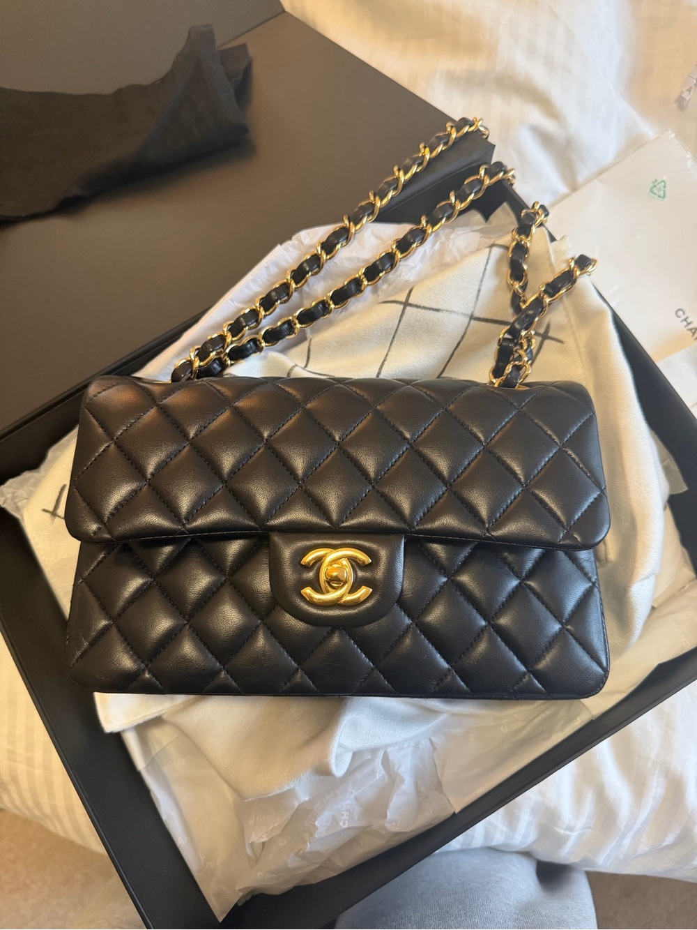 Chanel Small Black Lambskin Classic Flap Handbag